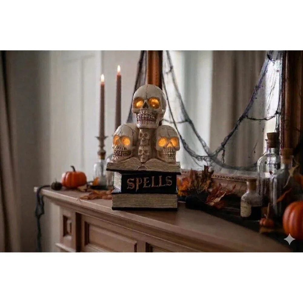 Midnight Spell LED Light Up Stacked Skulls on Spells Books Halloween Prop Decor